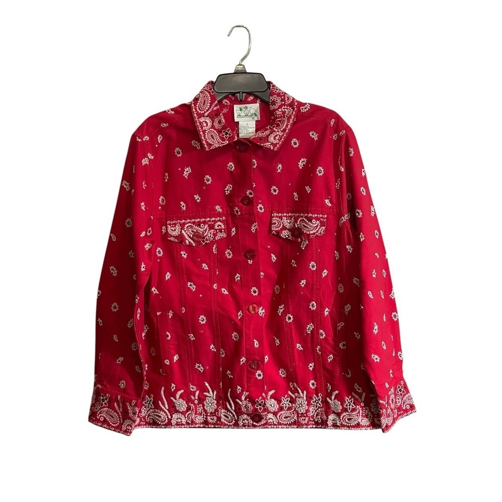The Quacker Factory Med Red Denim Bandana Paisley Beaded Jacket Western